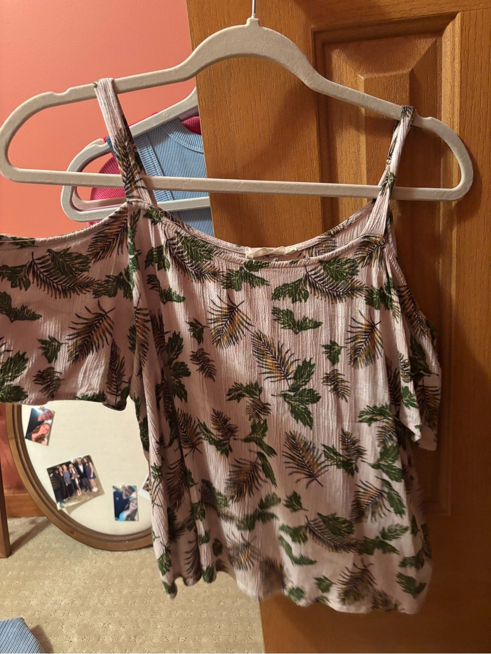 Elodie Pink Cold-Shoulder Tunic with Green Leaf Print